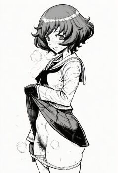 1girl akiyama_yukari aquaberrymarine blush breasts clothes_lift commentary_request female_pubic_hair girls_und_panzer highres lifting_own_clothes long_sleeves looking_at_viewer medium_breasts messy_hair neckerchief ooarai_school_uniform panties panty_pull pleated_skirt presenting presenting_pussy pubic_hair school_uniform serafuku shirt short_hair simple_background sketch skirt skirt_lift smile solo steam steaming_body sweat underwear white_background white_shirt