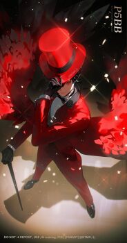 1boy amamiya_ren black_gloves black_hair black_shoes bow bowtie btmr_game cane confetti feathered_wings feathers formal_clothes gloves hat highres jacket male_focus pants persona persona_5 red_eyes red_jacket red_pants red_suit shirt shoes short_hair smile sparkle spotlight suit top_hat white_shirt wings