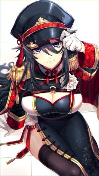 1girl aiguillette black_cape black_hair black_thighhighs breasts cape china_dress chinese_clothes cleavage cleavage_cutout clothing_cutout commentary commentary_request dress duplicate epaulettes flower gloves hair_between_eyes hand_on_headwear hat highres large_breasts long_hair long_sleeves looking_at_viewer military military_hat military_uniform mole mole_under_eye o-ring original pelvic_curtain purple_eyes side_slit sitting smile solo tassel tatsuma_daisuke thighhighs white_flower white_gloves