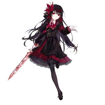 1girl absurdres armband black_hair black_jacket black_pantyhose black_skirt chinese_commentary closed_mouth collared_shirt commentary_request flower frilled_skirt frills full_body gloves hair_flower hair_ornament highres holding holding_sword holding_weapon jacket liang_yu_ji_lai long_hair long_sleeves looking_at_viewer mahou_shoujo_no_majo_saiban multicolored_hair nikaido_hiro pantyhose red_eyes red_flower red_hair shirt shoes simple_background skirt solo standing standing_on_one_leg sword very_long_hair weapon white_background white_gloves white_shirt