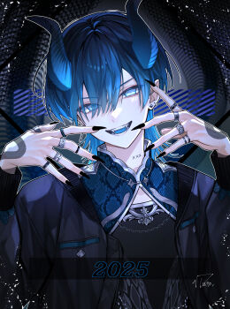 1boy 2025 absurdres arms_up artist_name bare_shoulders black_nails black_shirt blue_collar blue_eyes blue_hair blue_horns blue_jacket chain collar commentary_request demon_horns ear_piercing earrings fangs fingernails hair_between_eyes hand_tattoo head_tilt high_collar highres horns jacket jewelry long_sleeves looking_at_viewer luto_gray000 male_focus multiple_rings open_mouth original outline piercing ring sharp_fingernails shirt shoes signature sleeve_cuffs smile snake_print snake_tattoo solo tattoo teeth upper_body white_outline white_trim