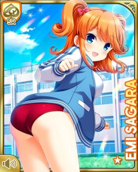 1girl ass black_jacket blouse blue_eyes breasts buruma card character_name collarbone day girlfriend_(kari) hair_ornament headband jacket large_breasts leaning_forward medium_hair official_art open_mouth orange_hair outdoors qp:flapper red_buruma red_ribbon ribbon sagara_emi shirt sky smile solo sparkle standing tagme track_jacket white_headband white_shirt