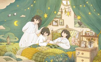 3girls aoicancerius blanket brown_hair building clone closed_eyes cloud commentary crescent_moon crying curtains dress english_commentary glass_jar halo hand_on_another's_head head_on_pillow highres holding_hands implied_death indoors lying moon multiple_girls nightstand original picture_frame pillow planet planetary_ring sad shirt short_hair siblings sisters smile standing star_(sky) star_(symbol) stuffed_animal stuffed_dog stuffed_rabbit stuffed_toy surreal traditional_halo under_covers vase white_dress white_shirt wilted_flower