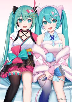 Rule 34 | 2girls, aqua eyes, aqua hair, bell, black thighhighs, blue bow, blue thighhighs, bow, breasts, commentary request, dress, gradient thighhighs, hair between eyes, hair ornament, hairclip, hatsune miku, highres, holding, holding bell, magical mirai (vocaloid), magical mirai miku, magical mirai miku (2020 summer), magical mirai miku (2020 winter), multiple girls, nekoinu bamboo, pink bow, signature, single thighhigh, sitting, thighhighs, twintails, vocaloid, x hair ornament