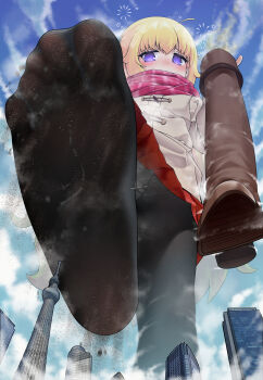 1girl @_@ absurdres aircraft airplane blonde_hair building city cloud coat feet foot_focus foreshortening gabriel_dropout gabriel_tenma_white giant giantess highres holding holding_shoes holding_unworn_clothes light_particles looking_down miaokong pantyhose purple_eyes scarf shoes skirt sky soles standing standing_on_one_leg toes tower unworn_shoes
