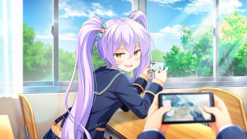 2girls blue_bow blue_bowtie blue_jacket blue_skirt bow bowtie classroom desk dress_shirt food-themed_hair_ornament game_console girlfriend_(kari) hair_ornament himejima_kinoko jacket long_hair long_sleeves miniskirt mobile_phone multiple_girls mushroom official_art open_mouth plaid_clothes plaid_skirt pleated_skirt purple_hair qp:flapper school school_desk school_uniform shirt sitting skirt smile tagme twintails very_long_hair wind yellow_eyes