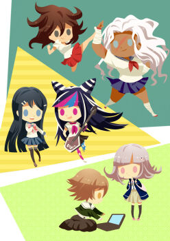 Rule 34 | 1boy, 5girls, chibi, computer, danganronpa: trigger happy havoc, danganronpa (series), danganronpa 2: goodbye despair, dark-skinned female, dark skin, fighting, fujisaki chihiro, guitar, holding, holding guitar, holding instrument, instrument, laptop, maizono sayaka, mioda ibuki, multiple girls, muscular, muscular female, nanami chiaki, ogami sakura, owari akane, pink eyes, pink hair, scar, scar on face, third-party source, trait connection, trap, yasi137