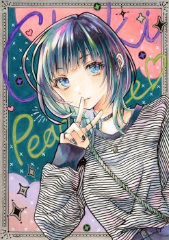 1girl absurdres barbell_piercing black_hair black_nails blue_eyes border choppy_bangs closed_mouth commentary dai_dai_da ear_piercing english_commentary fang fingernails hand_up highres industrial_piercing jewelry long_sleeves looking_at_viewer marker_(medium) medium_hair nail_polish necklace original ornate_border outside_border pendant piercing ring shirt skin_fang solo striped_clothes striped_shirt traditional_media upper_body v white_shirt wolf_cut