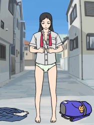 1girl animated anus ass backpack bag barefoot bent_over black_eyes black_hair blue_skirt blue_sky bow bra breasts building collarbone completely_nude day excessive_pubic_hair exhibitionism female_pubic_hair full_body green_bra green_panties hair_ornament hairclip heavy_breathing jukkaku_komado long_hair medium_breasts navel nipples nude open_mouth original outdoors panties pubic_hair public_indecency red_neckwear road school_uniform shirt short_sleeves skirt sky sock_removed socks soles solo standing street tagme throwing ugoira unbuttoned unbuttoned_shirt unbuttoning underwear undressing unworn_backpack unworn_bag unworn_bra unworn_panties unworn_shirt unworn_skirt unworn_socks video white_shirt