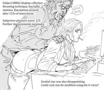 1boy 1girl annette_birkin bags_under_eyes bb_(baalbuddy) bent_over capcom closed_mouth clothed_sex clothes_pull commentary computer_keyboard emotionless_sex english_commentary english_text expressionless from_side greyscale hair_over_shoulder hetero highres jacket long_hair long_sleeves monitor monochrome open_mouth pants pants_pull ponytail profile resident_evil resident_evil_2 resident_evil_2_(remake) sex sex_from_behind simple_background smoke smoking standing standing_sex sweat typing white_background zombie