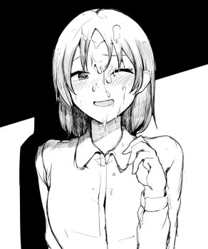 1girl blush collared_shirt commentary_request cum cum_on_body facial greyscale hand_up long_sleeves looking_at_viewer monochrome open_mouth original sadahiro_(chicken_nugget_gyuuniku_aji) shirt short_hair smile solo upper_body