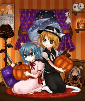 2girls bakebake_(touhou) black_hat blonde_hair blue_eyes blue_hair bow calendar_(object) carving character_doll doll dress frills ghost grimoire_of_alice hair_bow hair_ribbon halloween hat hat_bow ice jack-o&#039;-lantern kazuki_(ytt_kaduki) louise_(touhou) mai_(touhou) medium_hair multiple_girls mystic_square puffy_short_sleeves puffy_sleeves pumpkin pumpkin_print ribbon sara_(touhou) shinki_(touhou) short_hair short_sleeves smile touhou touhou_(pc-98) white_bow yuki_(touhou) yumeko_(touhou)