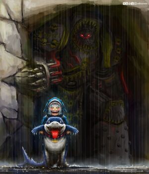 1girl absurdres adeptus_astartes armor blue_eyes blue_hair blue_hoodie blunt_bangs carcharodons cave claws fins fish_tail gawr_gura gawr_gura_(1st_costume) grey_hair highres hololive hololive_english hood hoodie jeff_(marvel) marvel marvel_rivals multicolored_hair niellustrate open_mouth power_armor rain shark shark_fin shark_girl shark_tail sharp_teeth smile streaked_hair tail teeth terminator_armor tongue tongue_out virtual_youtuber warhammer_40k