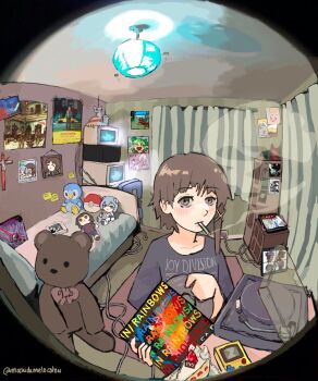 aaiikk0o ayanami_rei bed bedroom brown_eyes brown_hair cake chair character_doll cigarette commission copyright_request crab_rave_(meme) crt currents_(tame_impala) curtains demon_days_(gorillaz) doll el_patio emoticon food game_boy gen_4_pokemon gorillaz grey_shirt hair_ornament handheld_game_console highres in_rainbows_(radiohead) indoors iwakura_lain kaomoji kid_a_(radiohead) kirby kirby_(series) koiwai_yotsuba lamp lance_of_longinus_(evangelion) lilith_(evangelion) madotsuki meme milk-chan_(milk_series) milk_inside_a_bag_of_milk_inside_a_bag_of_milk neon_genesis_evangelion nintendo off_(game) phonograph piplup poke_ball pokemon poster_(object) print_shirt rabbit radiohead_(band) screenshot_inset serial_experiments_lain shirt smoking solo_focus strawberry_cake stuffed_animal stuffed_toy taxi_driver teddy_bear the_batter_(off) vinyl_record x_hair_ornament yotsubato! yume_nikki
