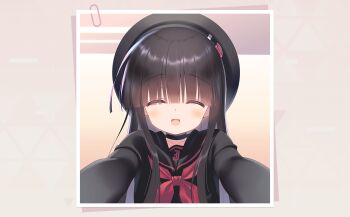 1girl :d beret black_choker black_hair black_hat black_sailor_collar blue_archive blunt_bangs blush choker closed_eyes collarbone eyes_visible_through_hair facing_viewer hair_over_eyes happy hat highres justice_task_force_member_(blue_archive) long_hair long_sleeves neckerchief official_art open_mouth paperclip photo_(object) reaching reaching_towards_viewer red_neckerchief sailor_collar santa_matsuri school_uniform selfie serafuku sidelocks smile solo square