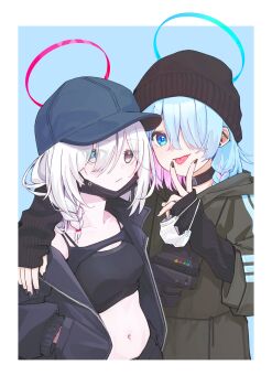 2girls :p absurdres arm_on_another&#039;s_shoulder arona_(blue_archive) baseball_cap beanie black_choker black_eyes black_hat black_jacket black_mask black_nails black_sports_bra black_sweater blue_archive blue_background blue_eyes blue_hair blue_halo blue_hat braid camera camera_around_neck choker collarbone colored_inner_hair donggang17 hair_over_one_eye halo hands_in_pockets hashtag-only_commentary hat highres hood hoodie jacket long_sleeves looking_at_viewer mask mask_pull mouth_mask multicolored_hair multiple_girls navel open_clothes open_jacket pink_hair plana_(blue_archive) red_halo short_hair single_braid sleeves_past_wrists sports_bra sweater tongue tongue_out v white_hair white_mask