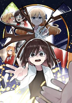 +_+ 2girls ascot black_shirt blonde_hair blush bow broken_mirror brown_hair casual claire_francois ear_blush female_pov flying_teardrops formal_clothes full-face_blush hair_between_eyes hair_bow hair_over_one_eye happy_tears highres holding_hands imminent_hand_holding jacket long_hair matarou_(matarou1996) medium_hair mirror multiple_girls multiple_views offering_hand open_mouth pink_shirt pov pov_hands rae_taylor reaching reaching_towards_another red_bow red_jacket school_uniform shirt sky smile star_(sky) starry_sky straight_hair suit tears teeth upper_teeth_only watashi_no_oshi_wa_akuyaku_reijou white_ascot white_suit yuri