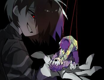 Rule 34 | 7szndc, :d, black background, brown hair, commentary request, deltarune, evil grin, evil smile, green shirt, grin, hair over one eye, korean commentary, kris (deltarune), male focus, multiple others, open mouth, other focus, pants, purple pants, shirt, short hair, smile, soul (deltarune), strangling, string, string of fate, two-tone shirt, utdr (toby fox)