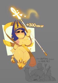 absurdres angry animal_crossing animal_ears ankh ankha_(animal_crossing) arrow_(projectile) arrow_in_body breasts cat_ears cat_girl commentary english_commentary english_text furry furry_female highres huffslove isabelle_(animal_crossing) large_breasts mage_staff metal_wings nintendo nipples no_panties pelvic_curtain pussy shortstack smile staff wide_hips