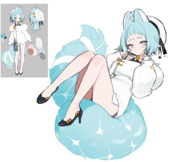 1girl animal_ears bare_legs bell blue_hair blue_tail facial_mark forehead_mark fur_trim hat high_heels highres hoshi_usagi mercedes_(hoshi_usagi) navel neck_bell needle original thick_eyebrows