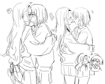 ... 2girls blush bow bowtie commentary_request food greyscale hairband heart highres hug kirarazaka_marina kiss kuze_shizuka long_hair mobudeshi monochrome multiple_girls pleated_skirt pocky pocky_kiss shared_food short_hair skirt spoken_ellipsis takopii_no_genzai yuri