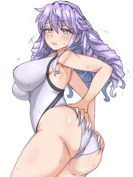 1girl alternate_costume ass breasts drill_hair ebora hokaze_junko large_breasts leotard long_hair purple_eyes purple_hair simple_background solo swimsuit toaru_kagaku_no_railgun toaru_majutsu_no_index white_background white_leotard