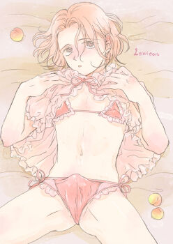 Rule 34 | 1boy, blush, bra, bulge, come hither, crossdressing, crossdressing (mtf), erection, erection under clothes, food, frilled bra, frilled panties, frilled shirt, frills, fruit, grey eyes, heart, heart-shaped pupils, lemicon, looking at viewer, lying, medium hair, on back, on bed, open clothes, open shirt, original, panties, peach, penis in panties, pink bra, pink hair, pink panties, shirt, side-tie panties, symbol-shaped pupils, trap, underwear