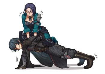 1boy 1girl armor black_boots black_cape black_gloves black_hair black_pants boots cape commentary english_commentary exercising fire_emblem fire_emblem:_three_houses forehead girl_on_top gloves highres jacket looking_at_viewer male_byleth_(fire_emblem) nintendo pants push-ups second-party_source shamir_nevrand shg_(hiomaika) short_hair simple_background sitting twitter_username white_background