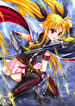 1girl ahoge arm_belt arm_support bardiche_(assault_form)_(nanoha) bardiche_(nanoha) belt black_gloves black_ribbon black_thighhighs blonde_hair brown_belt cape commentary_request crossed_belts electricity fate_testarossa fate_testarossa_(sonic_form) floating_cape floating_hair glint gloves hair_ribbon long_hair long_sidelocks lyrical_nanoha magical_girl mahou_shoujo_lyrical_nanoha mahou_shoujo_lyrical_nanoha_a's matcya_tounyu on_one_knee parted_bangs parted_lips pink_skirt red_belt red_eyes ribbon sidelocks simple_background skirt sleeveless solo thighhighs twintails two-sided_cape two-sided_fabric vambraces very_long_hair white_cape wispy_bangs
