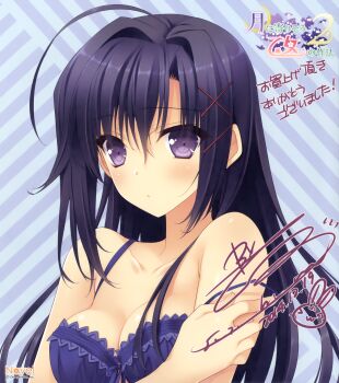 1girl absurdres ahoge bare_shoulders black_hair blush bra breasts cleavage collarbone female_focus hair_tie highres long_hair looking_at_viewer ookura_lumine purple_eyes shiny_skin signature sleeveless solo suzuhira_hiro tsuki_ni_yorisou_otome_no_sahou_2 underwear upper_body