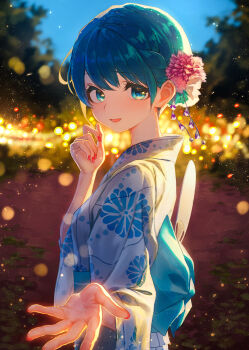1girl absurdres alternate_hair_length alternate_hairstyle blue_eyes blue_hair blue_kimono blurry blurry_background breasts commentary_request fingernails floral_print floral_print_kimono flower from_side hair_flower hair_ornament hand_up hatsune_miku highres japanese_clothes kimono long_hair looking_at_viewer nail_polish offering_hand okubatomaeba open_mouth outdoors pink_flower pink_nails print_kimono short_hair small_breasts smile solo swept_bangs upper_body vocaloid