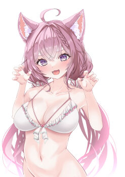 Rule 34 | 1girl, :3, absurdres, ahoge, animal ear fluff, animal ears, bare shoulders, bikini, blush, bottomless, braid, breasts, claw pose, cleavage, collarbone, commentary, fang, frilled bikini, frills, gao, groin, hair between eyes, hair ornament, hair scrunchie, hakui koyori, hakui koyori (summer), heart bikini, highres, hololive, large breasts, linea alba, long hair, looking at viewer, low twintails, nail polish, nankoni, navel, official alternate costume, official alternate hairstyle, open mouth, pink eyes, pink hair, pink nails, scrunchie, simple background, smile, solo, stomach, swimsuit, tail, teeth, tongue, twintails, virtual youtuber, white background, white bikini, white scrunchie, wolf ears, wolf girl, wolf tail