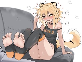 1girl animal_ears arrax_(wdah8558) black_camisole black_thighhighs blonde_hair bottomless camisole commentary couch english_commentary feet green_eyes highres ju_fufu no_shoes on_couch open_mouth pussy sitting smile solo tail thighhighs tiger_ears tiger_girl tiger_tail toeless_legwear uncensored zenless_zone_zero