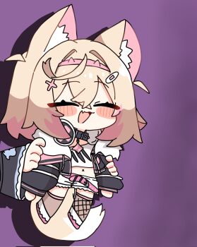 :d animal_ear_fluff animal_ears bandaid bandaid_hair_ornament belt black_collar chibi closed_mouth collar derivative_work dog_ears dog_girl dog_tail fake_horns frilled_shorts frills fuwawa_abyssgard fuwawa_abyssgard_(1st_costume) hair_between_eyes hair_ornament hairband headphones headphones_around_neck highres hololive hololive_english horn_hairband horns long_sleeves mococo_abyssgard mococo_abyssgard_(1st_costume) navel open_mouth out_of_frame pink_belt pink_hairband screenshot_redraw shorts simple_background smile tail tsurukieeeeeak virtual_youtuber x_hair_ornament x_navel