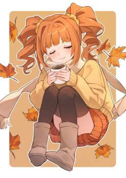 1girl absurdres b1ack_illust blush boots brown_boots brown_scarf brown_thighhighs cardigan closed_eyes coffee_mug cup highres holding holding_cup idolmaster idolmaster_(classic) leaf mug orange_hair scarf short_twintails smile solo takatsuki_yayoi thighhighs twintails yellow_cardigan