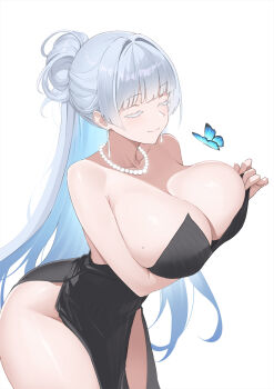 1girl alternate_costume black_dress breasts bug butterfly closed_eyes collarbone colored_eyelashes dress earrings evening_gown goddess_of_victory:_nikke highres huge_breasts insect isokaze12 jewelry light_smile long_hair mole mole_on_breast nayuta_(nikke) necklace pearl_necklace solo thick_eyelashes thighs very_long_hair white_background white_eyelashes