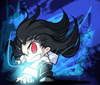 1boy aekashics arm_support black_pants chibi collared_shirt crazy_eyes crazy_smile electricity electrokinesis evil_smile floating_clothes floating_hair long_hair male_focus michael_roa_valdamjong pants red_eyes shirt smile tsukihime vampire white_shirt