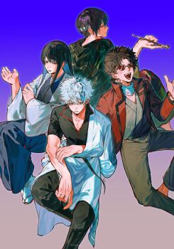 4boys bandage_over_one_eye black_hair black_kimono black_pants black_shirt blue_background blue_hakama blue_kimono brown_hair closed_mouth coat commentary english_commentary gintama gradient_background grey_kimono hadanugi_dousa hakama hand_up highres holding holding_smoking_pipe ikaooi1 invisible_chair japanese_clothes katsura_kotarou kimono kiseru long_hair long_sleeves looking_at_viewer male_focus multiple_boys open_clothes open_coat open_kimono open_mouth pants purple_background purple_hair red-tinted_eyewear red_coat round_eyewear sakamoto_tatsuma sakata_gintoki sandals shirt short_hair short_sleeves sitting smile smoking_pipe sunglasses tabi takasugi_shinsuke tinted_eyewear white_hair white_kimono wide_sleeves zouri