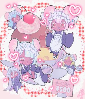 Rule 34 | 5girls, absurdres, animal ears, blush, blush stickers, cherry, daikokuten (fate), dark-skinned female, dark skin, fate/grand order, fate (series), food, fruit, heart, highres, japanese clothes, ji (jpyx8488), kimono, maid, mouse ears, mouse tail, multiple girls, pudding a la mode, signature, tail, wa maid, whipped cream, wide sleeves