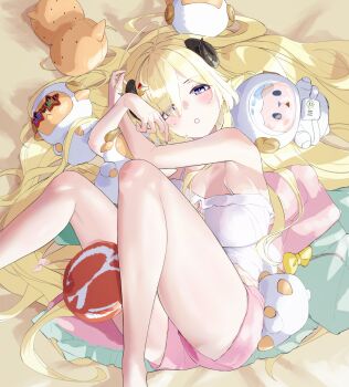 1girl absurdres armpits bare_shoulders blonde_hair blush breasts camisole commentary_request fueppu highres hololive horns large_breasts lying on_back pink_shorts pointy_ears purple_eyes sheep_girl sheep_horns shorts solo spaghetti_strap stuffed_animal stuffed_sheep stuffed_toy tsunomaki_watame tsunomaki_watame_(loungewear) virtual_youtuber watamate white_camisole