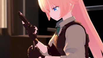 1girl 3d animated aqua_necktie beretta_92 black_gloves blender_(medium) blue_archive blue_eyes blurry blurry_background bulletproof_vest closed_mouth cocking_gun collared_shirt commentary_request curtains depth_of_field fingerless_gloves from_side gloves gun handgun heterochromia holding holding_gun holding_weapon holster hoshino_(armed)_(blue_archive) hoshino_(blue_archive) indoors john_wick lone_nape_hair long_hair long_sleeves magazine_(weapon) necktie official_alternate_costume pink_hair ponytail profile reloading rumshon0022 scene_reference school_uniform serious shirt solo sunlight tactical_school_uniform tagme upper_body v-shaped_eyebrows video weapon white_shirt