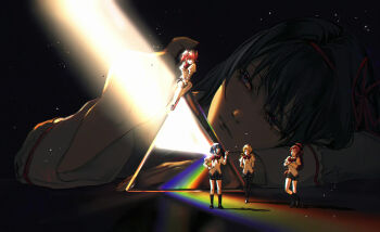 5girls absurdres akemi_homura arms_behind_back black_background black_footwear black_hair black_pantyhose black_skirt black_socks blonde_hair blue_eyes blue_hair bow bowtie canothy closed_eyes commentary crossed_arms drill_hair expressionless hair_ribbon hairband hand_on_own_hip head_on_arm head_rest high_ponytail highres index_finger_raised jacket juliet_sleeves kaname_madoka light_beam light_particles loafers long_hair long_sleeves looking_at_another mahou_shoujo_madoka_magica miki_sayaka mini_person minigirl mitakihara_school_uniform multiple_girls open_mouth own_hands_together pantyhose pink_hair plaid_clothes plaid_skirt ponytail prism puffy_sleeves rainbow red_bow red_bowtie red_hair red_hairband ribbon sakura_kyoko school_uniform shoes short_hair short_twintails sitting size_difference skirt smile socks standing tomoe_mami twin_drills twintails v_arms yellow_jacket