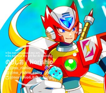 Rule 34 | 1boy, armor, blonde hair, blue background, blue eyes, cowboy shot, helmet, holding, holding ice cream cone, ice cream cone, long hair, male focus, mega man (series), mega man x (series), no-rishio, red armor, red helmet, simple background, solo, x (mega man), z saber, zero (mega man)