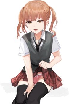 1boy :d black_necktie black_thighhighs brown_hair bulge clothes_lift collared_shirt commentary_request cowboy_shot crossdressing crossdressing_(mtf) dot_nose grey_vest hair_ornament hair_scrunchie lifting_own_clothes looking_at_viewer lower_teeth_only male_focus necktie open_mouth original panties partial_commentary pink_panties plaid_clothes plaid_skirt pleated_skirt red_scrunchie red_skirt school_uniform scrunchie shirt short_sleeves simple_background sitting skirt skirt_lift smile solo sunaba_(nczd5875) teeth thighhighs thighs tongue trap twintails underwear vest white_background white_shirt