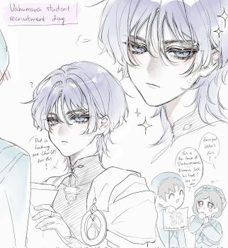 1girl 2boys ? akademiya_uniform beret bishie_sparkle bishounen blush bodysuit brown_hair cape clenched_hands closed_mouth coat english_text eyelashes eyeliner eyeshadow facing_another fingernails gem genshin_impact googly_eyes green_coat green_hat green_sleeves grey_bodysuit hacwss hair_intakes hands_up hat highres holding holding_paper japanese_clothes kimono long_sleeves looking_at_another looking_to_the_side makeup mandarin_collar middle_ring multiple_boys pale_skin paper parted_lips partially_colored puff_of_air red_eyeliner red_eyeshadow scaramouche_(genshin_impact) sketch speech_bubble tsurime vision_(genshin_impact) wanderer_(genshin_impact) white_background white_kimono white_mouth wispy_bangs