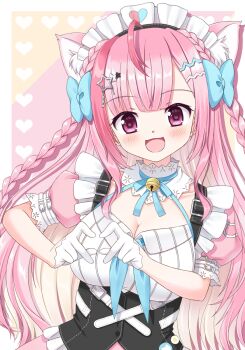 1girl :d ahoge animal_ear_fluff animal_ears bell blue_bow blush bow braid breasts brown_hair cat_ears cleavage commentary_request dress frills gloves hair_bow hair_ornament half_gloves heart heart_hands highres hinata_keiichi indie_virtual_youtuber jingle_bell large_breasts long_hair looking_at_viewer maid maid_headdress multicolored_hair neck_bell open_mouth pink_dress pink_hair puffy_short_sleeves puffy_sleeves purple_eyes shirt short_sleeves smile solo star_(symbol) star_hair_ornament streaked_hair twin_braids two-tone_hair very_long_hair virtual_youtuber white_gloves white_shirt yuuki_sakuna