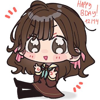 1girl :d animification aqua_neckerchief black_pantyhose blush brown_dress brown_hair chibi chibi_only col_person commentary dated double_v dress full_body grey_eyes happy_birthday hasu_no_sora_school_uniform highres link!_like!_love_live! long_sleeves looking_at_viewer love_live! medium_dress miyake_miu neckerchief notice_lines open_mouth pantyhose real_life sailor_collar sailor_dress school_uniform simple_background sitting smile solo symbol-only_commentary v voice_actor white_background white_sailor_collar winter_uniform