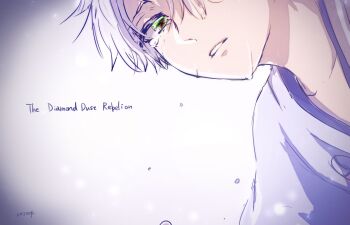 1046sstep_btoh 1boy bleach commentary_request crying english_text green_eyes head_out_of_frame hitsugaya_toushirou male_focus portrait signature solo teardrop tears vignetting white_hair