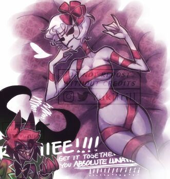 1boy 1girl alastor_(hazbin_hotel) angry black_bow black_bowtie black_sclera bow bowtie breasts colored_sclera colored_skin cowboy_shot grey_skin hazbin_hotel hellaverse highres jacket large_breasts looking_at_viewer lying naked_ribbon on_back red_eyes red_hair red_jacket red_ribbon ribbon rosie_(hazbin_hotel) sharp_teeth short_hair smile solo_focus teeth watermark white_hair yukifrill