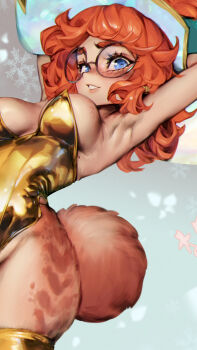 1girl aurora_(league_of_legends) black_leotard breasts glasses gold_leotard gold_thighhighs hat highres large_breasts league_of_legends leotard long_hair phantom_ix_row rabbit_girl round_eyewear smile solo teeth witch_hat